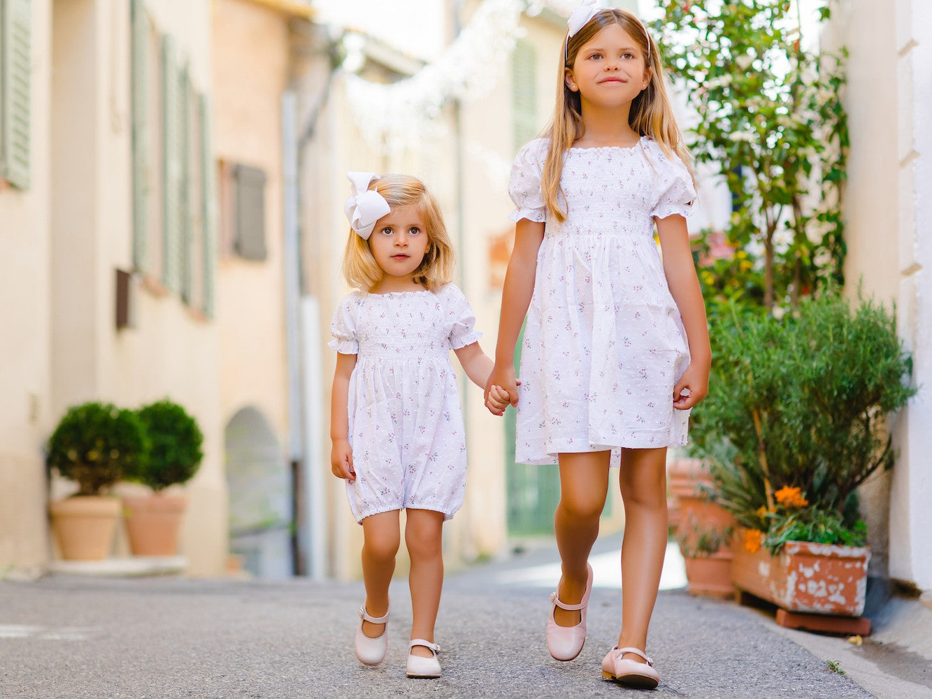 Sal & Pimenta Girls Frilly Smocked Dress - White Dotted Swiss Floral