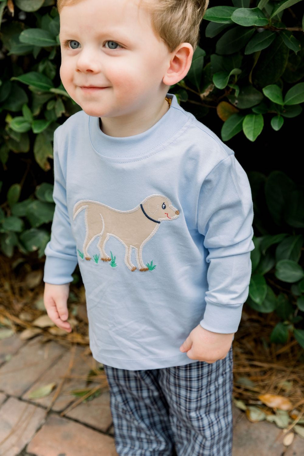 Bailey Boys Pants Set - Blue Plaid with Applique Dog Shirt