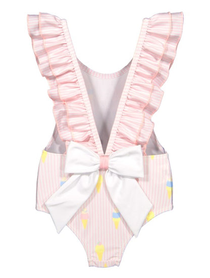 Sal & Pimenta Girls Ruffle Swimsuit - I Melt With You Ice Cream Print - Bow on Back - Pink
