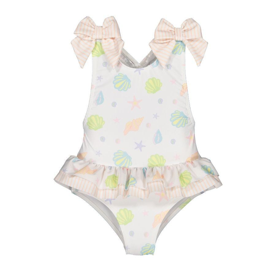 Sal & Pimenta Girls Ruffle One Piece Swimsuit - Seashells - Bows on Shoulders