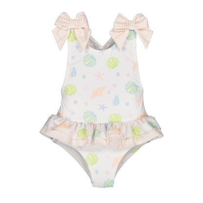 Sal & Pimenta Girls Ruffle One Piece Swimsuit - Seashells - Bows on Shoulders