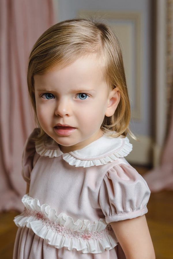 Sal & Pimenta Girls Bubble - Pink Positano - White Embroidered Collar - Pink Bows at Sides