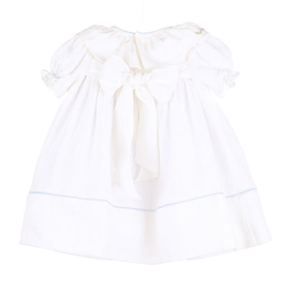 Sophie & Lucas Girls Pumpkin Embroidery Ruffle Dress - White with Blue
