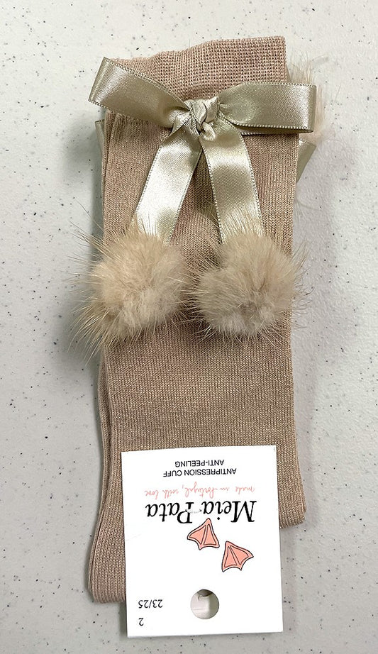 Meia Pata Girls Socks - Knee High - Satin Bow & Faux Fur Pom Poms - Gold Lurex