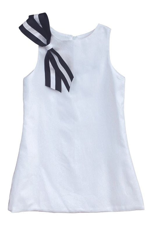 Susanne Lively Girls Sleeveless White Dress - Navy Blue Nautical Bow at Shoulder