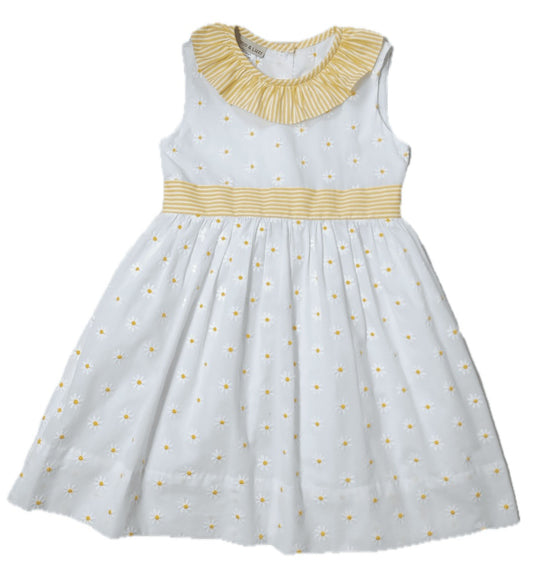 Marco & Lizzy Girls Sleeveless White Embroidered Daisies Dress - Yellow Ruffle Collar