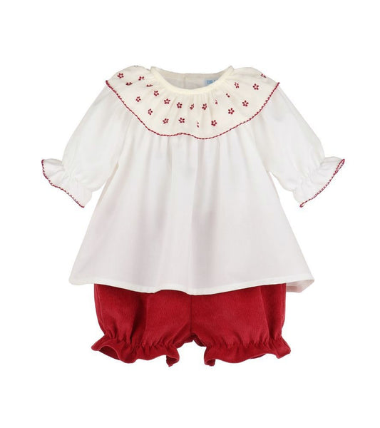 Luli & Me Girls Winterberry Cord Embroidered Bloomers Set - Red