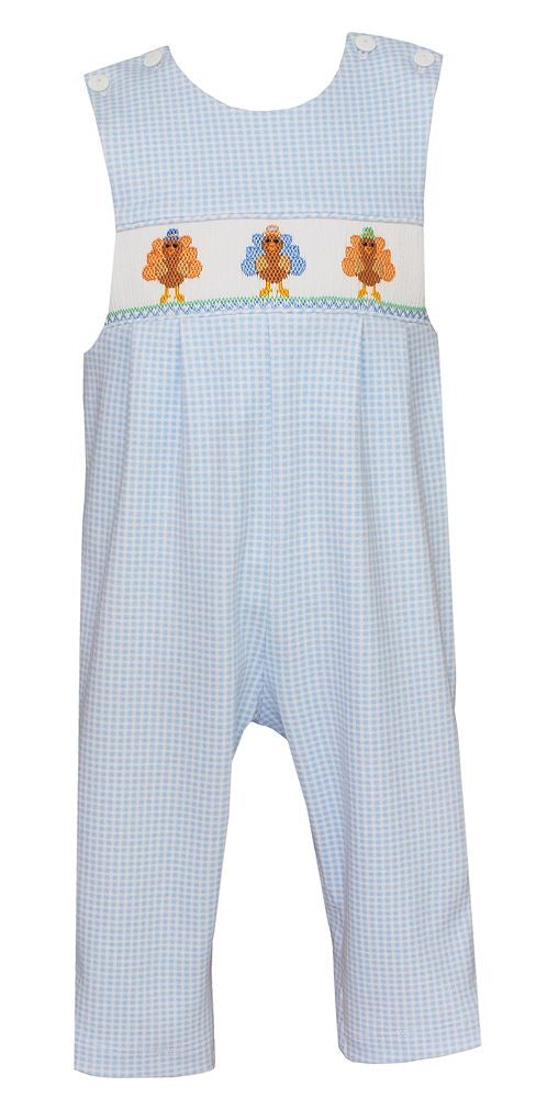Petit Bebe Knits Baby Boys Blue Check Smocked Thanksgiving Turkeys Longall
