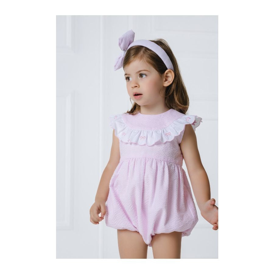 Sal & Pimenta Girls Pink Seersucker Bubble - Scallop Collar with Embroidered Bows