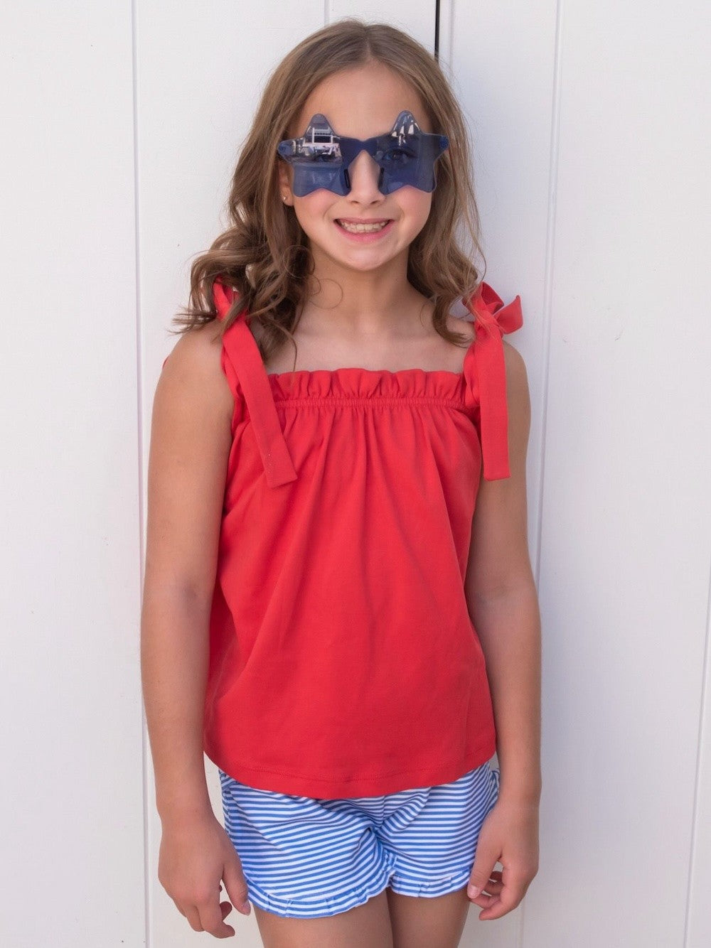 James & Lottie Girls Patriotic Short Set - Red Tie Top with Blue Stripe Ruffle Shorts