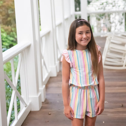 James & Lottie Girls Riley Romper - Bright Candy Stripes
