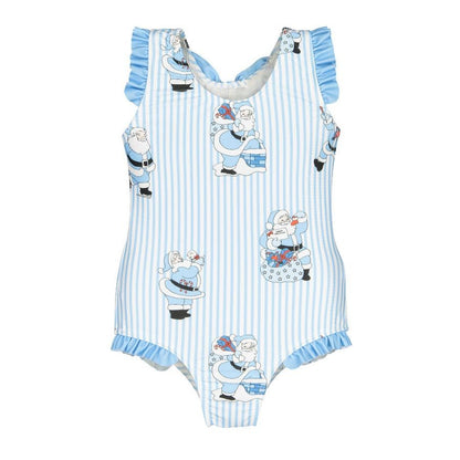 Sal & Pimenta Girls Swimsuit - Bow in Back - Santa on Blue Stripes