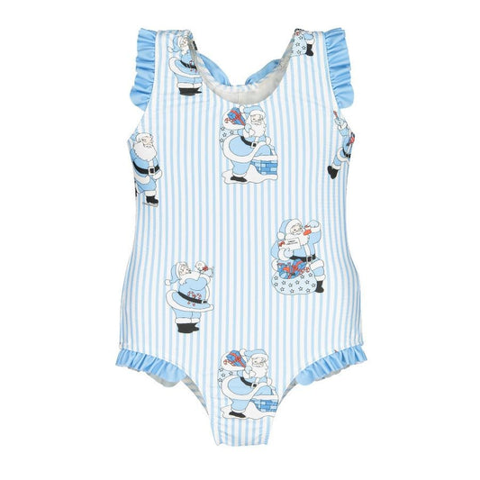 Sal & Pimenta Girls Swimsuit - Bow in Back - Santa on Blue Stripes