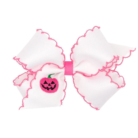 Wee Ones Girls Hair Bow on Clip - Embroidered Pink Halloween Jack O'Lantern on White