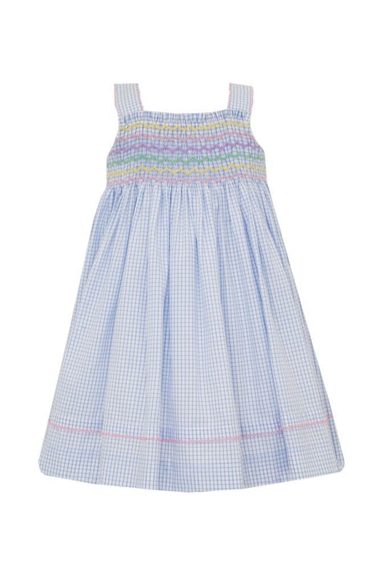 Anavini Couture Girls Blue Check Sun Dress - Multi Color Smocking