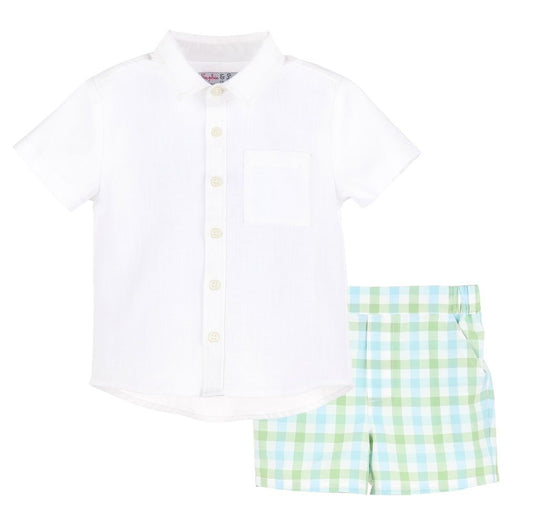 Sophie & Lucas Boys Short Set - Blue & Green Plaid Shorts with Shirt