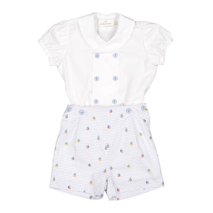 Sal & Pimenta Boys Blue Nautical Button On Set - Sailor Collar