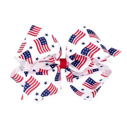 Wee Ones Girls Hair Bow on Clip - American USA Flags Print - Red Center
