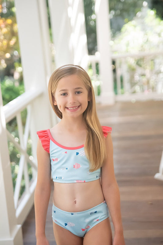James & Lottie Girls Emerson Two Piece Bathing Suit - Blue Fish