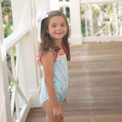 James & Lottie Girls Frances One Piece Bathing Suit - Blue Fish