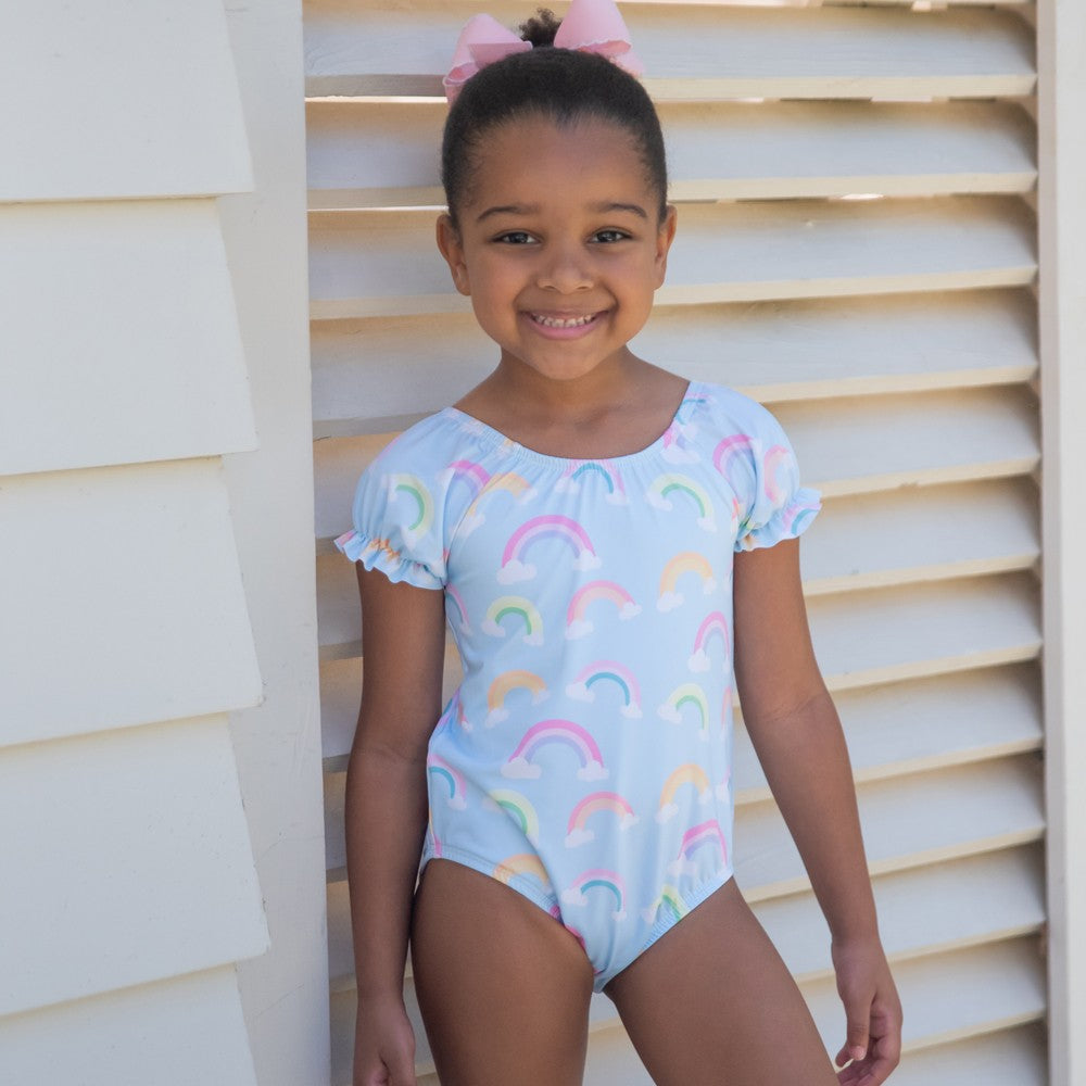 James & Lottie Girls Ramsey Swimsuit - Blue Rainbows - Puff Sleeves - Pink Bow on Back