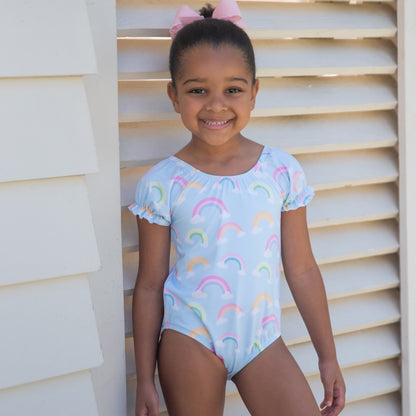 James & Lottie Girls Ramsey Swimsuit - Blue Rainbows - Puff Sleeves - Pink Bow on Back