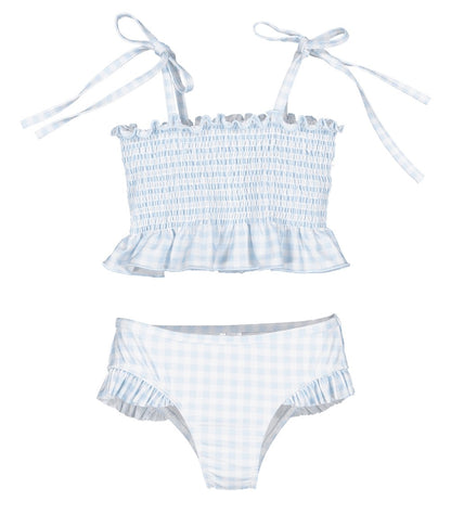 Sal & Pimenta Girls Smocked Bikini Bathing Suit - Light Blue Gingham