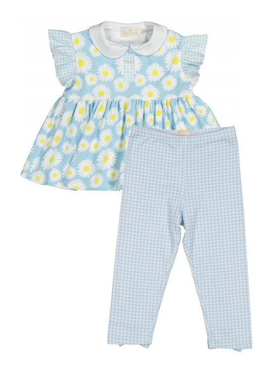 Sal & Pimenta Girls Leggings Set - Blue Daisy Top with Check Leggings - Bows on Back