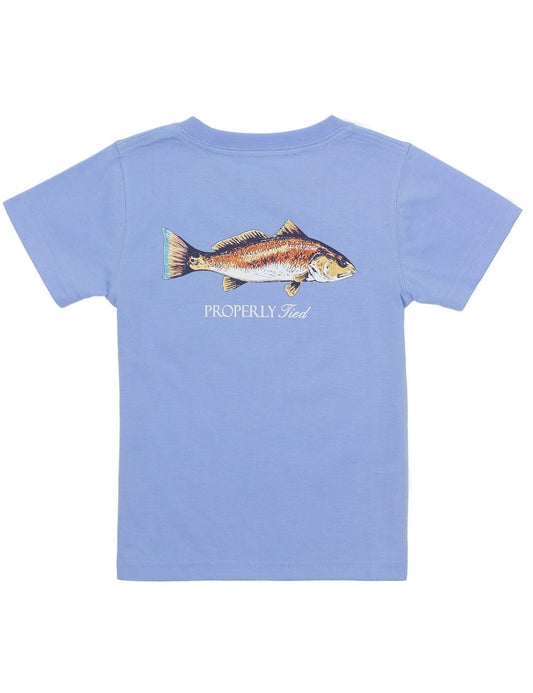 Properly Tied T-Shirt - Logo Pocket on Front - Graphic on Back - Redfish on Light Blue by Properly Tied