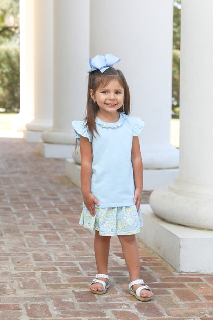 Trotter Street Kids Girls Blue Top with Blooming Floral Skort