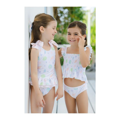 Sal & Pimenta Girls Ruffle One Piece Swimsuit - Seashells - Bows on Shoulders