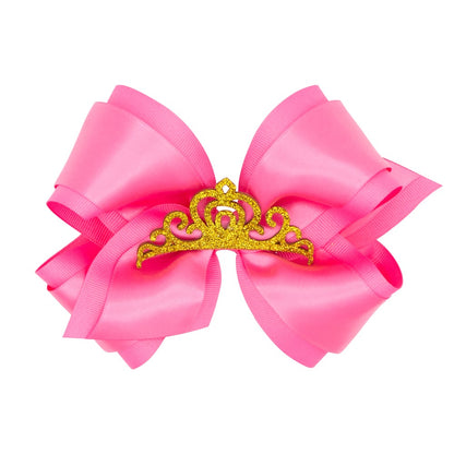 Wee Ones Girls Satin Overlay Bow with Princess Crown - Hot Pink