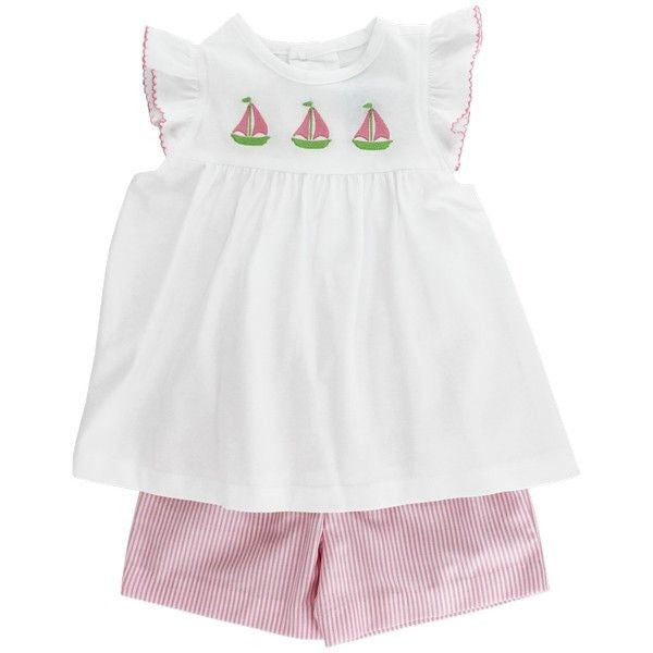 Bailey Boys Girls Shorts Set - Pink Stripe Sailboat Trio