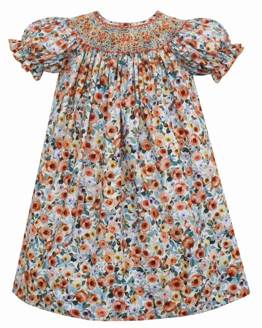 Anavini Couture Baby / Toddler Girls Orange Floral Smocked Bishop Dress