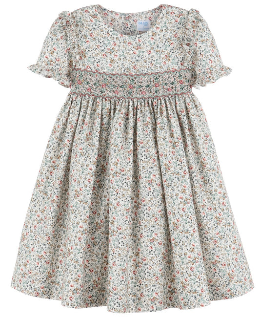 Luli & Me Girls Green Floral Smocked Bodice Dress with Sash by Luli & Me