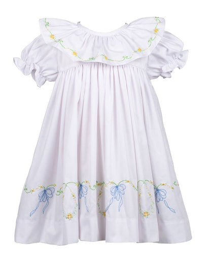 Proper Peony Girls Beatrice Bow Dress - White - Blue Bow Embroidery