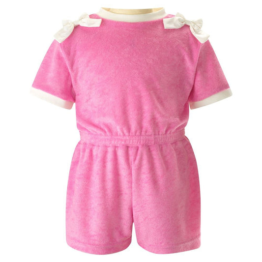 Rachel Riley London Girls Bow Terry Toweling Playsuit Romper - Pink