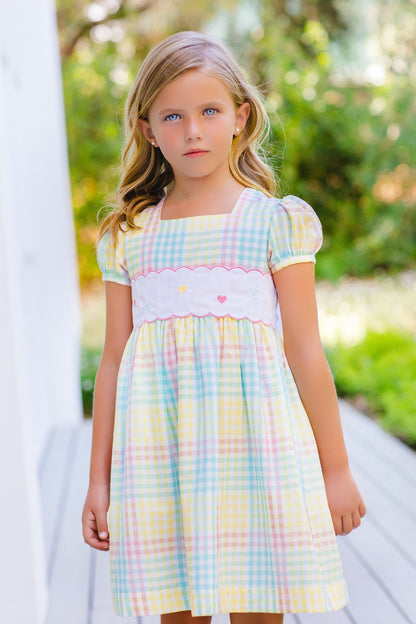 Sal & Pimenta Girls Dress - Liberty Rainbow Plaid - Embroidered Hearts
