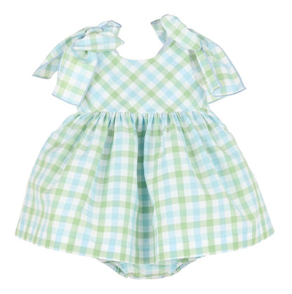 Sophie & Lucas Girls Blue & Green Plaid Dress - Bows at Shoulders