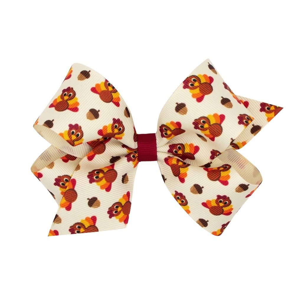 Wee Ones Girls Hair Bow on Clip - Thanksgiving Turkeys Print