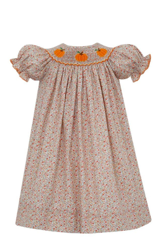 Anavini Velani Girls Orange Liberty Floral Smocked Pumpkins Bishop Dress