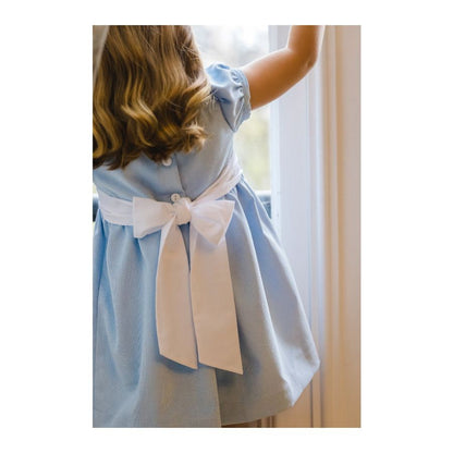 Sal & Pimenta Girls Corduroy Sash Dress - Embroidery Bows on Ruffle Collar - Blue