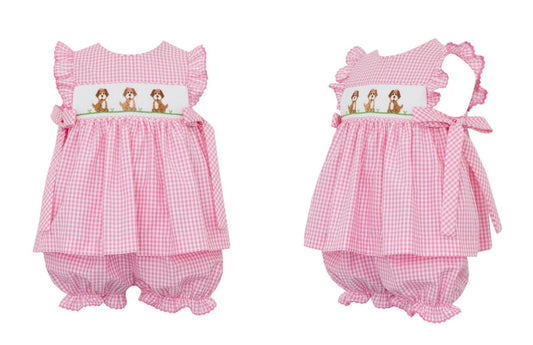 Anavini Velani Baby Girls Pink Gingham Smocked Puppy Dogs Bloomers Set