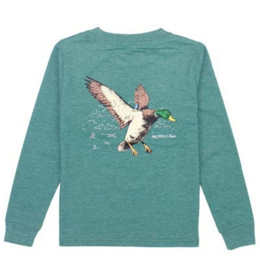 Properly Tied Tee Shirt - Long Sleeves - Logo Pocket - Back Graphic - Mallard Duck Flight on Heather Hunter Green
