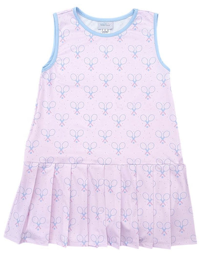 James & Lottie Girls Stella Tennis Dress - Pink with Racquets Print
