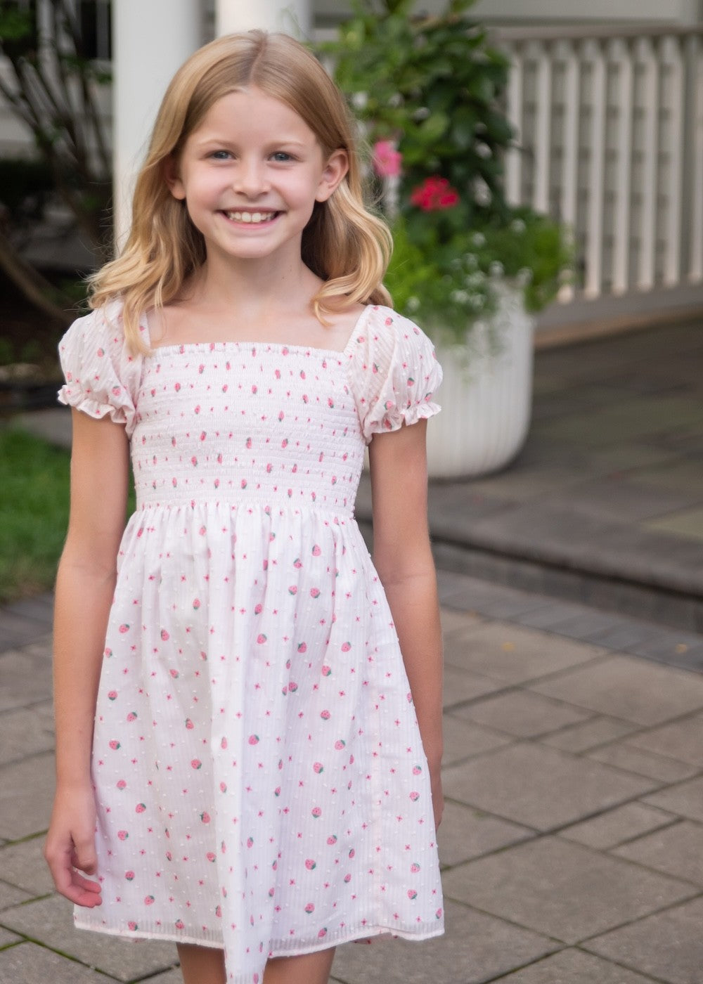 Be Elizabeth by James & Lottie Girls Strawberry Swiss Dot Dress - Smocked