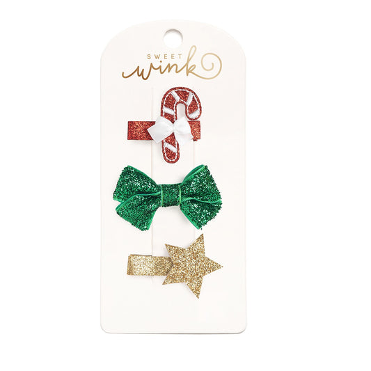 Sweet Wink Girls Hair Clip Set of 3 - Christmas Candy Cane / Green Bow / Gold Star