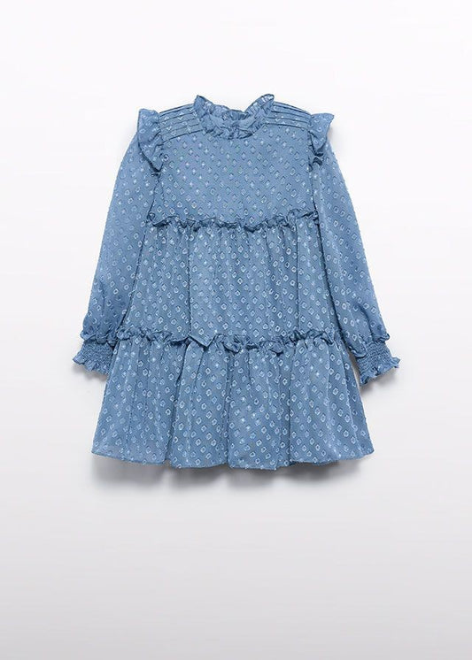 Abel & Lula Girls Plumetti Jacquard Tiered Dress - Cerulean Blue