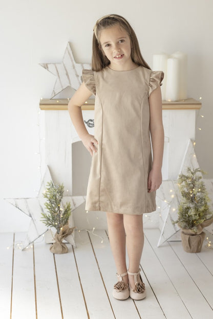 Luli & Me Maria Casero Girls Deluxe Velvet Shift Dress - Beige Champagne