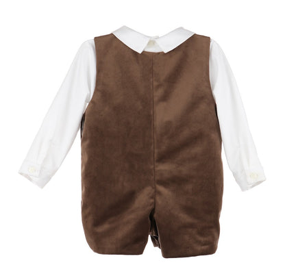 Luli & Me Boys Dressy Velvet Shortall with Shirt - Cocoa Brown